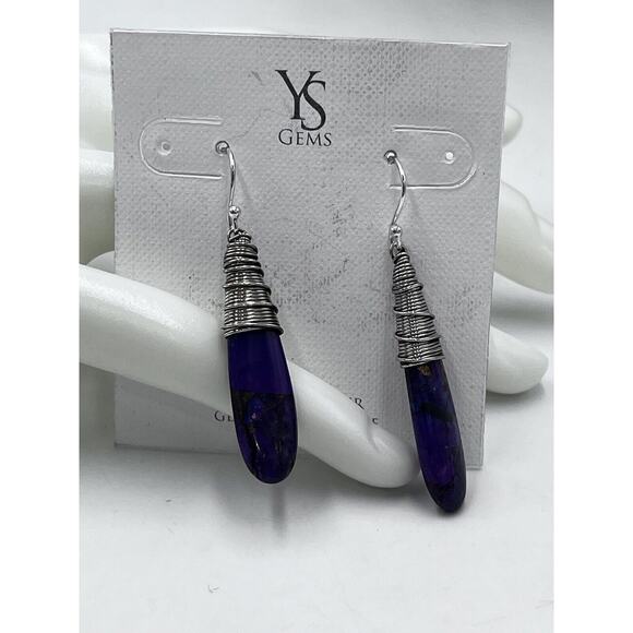 YS gems Purple Copper Turquoise Sterling Silver Teardrop Wrapped artisan Earring - Picture 4 of 10